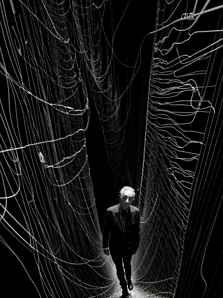 00002-hyperRealism_20-1857-Clyfford Still style mysterious figure emerges from the shadows in a tangled mess of iridescent wires and glowing mesh, torogao.png